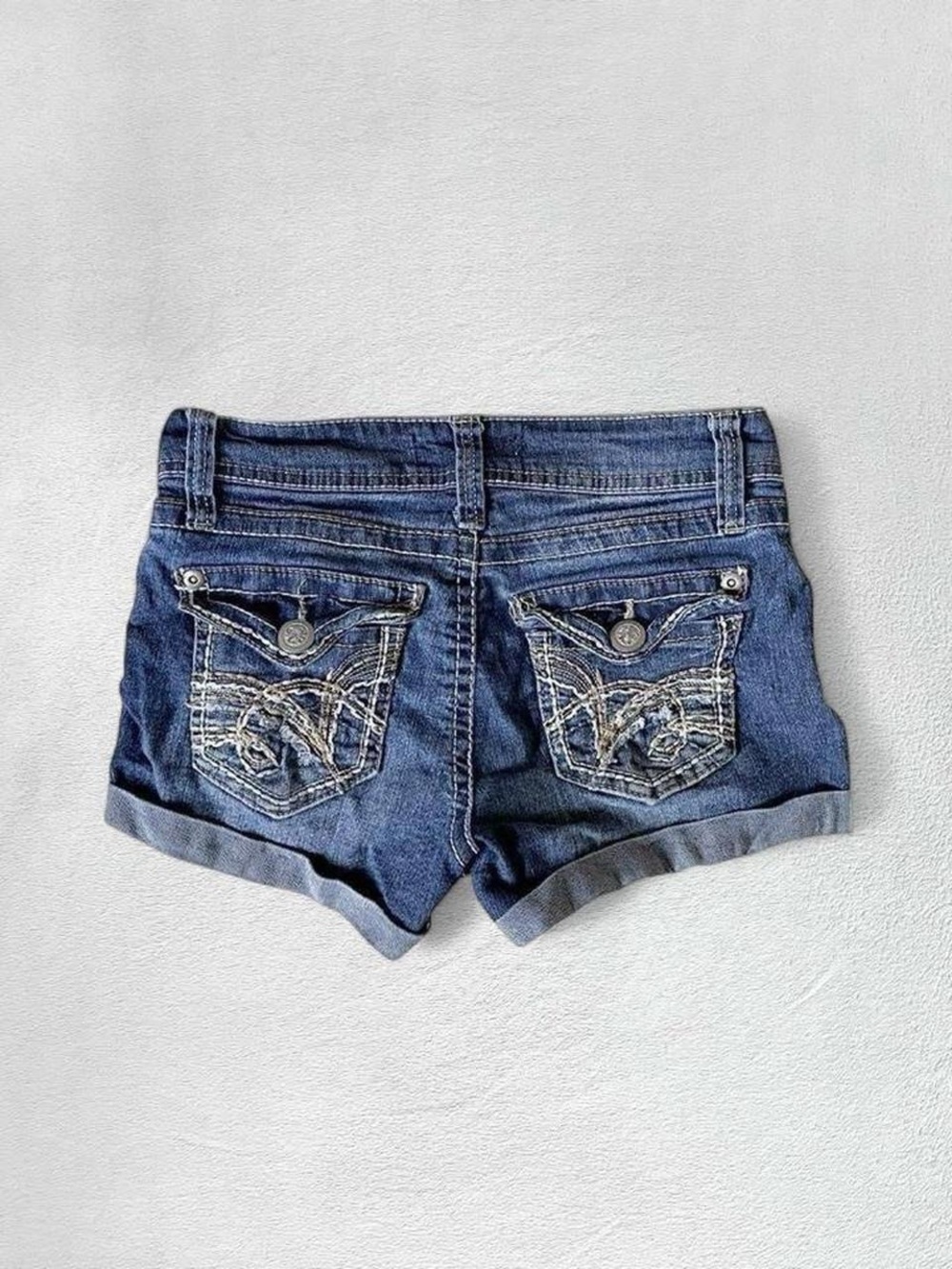 No Boundaries Low Rise Blue Embroidered Y2K Micro Jean Shorts, Junior’s XS/3